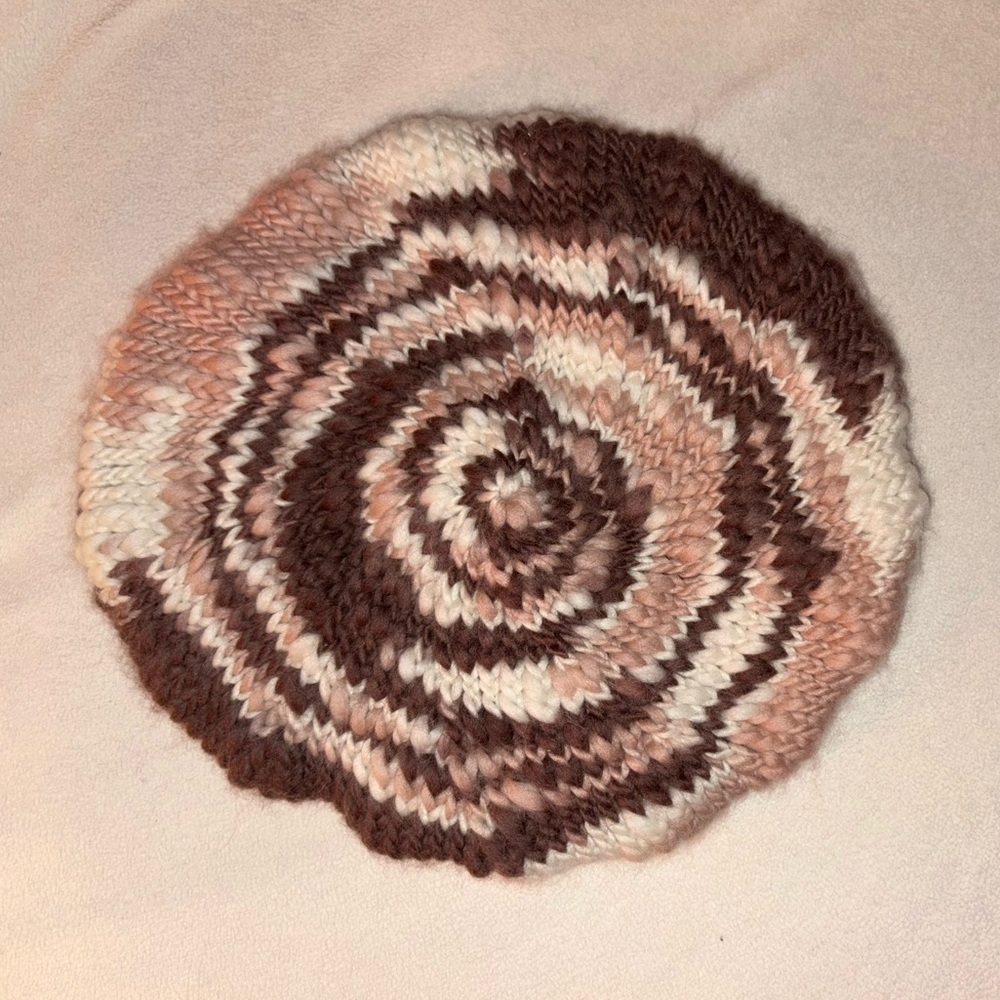 Hand made Cozy Knit Carousel Beret with Earthy Stripes